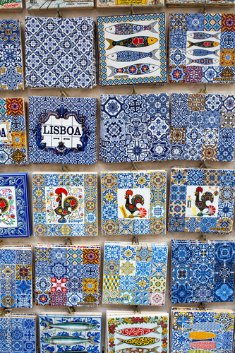 Glazed tile souvenir magnets sticked for sel in Lisbon  Portugal