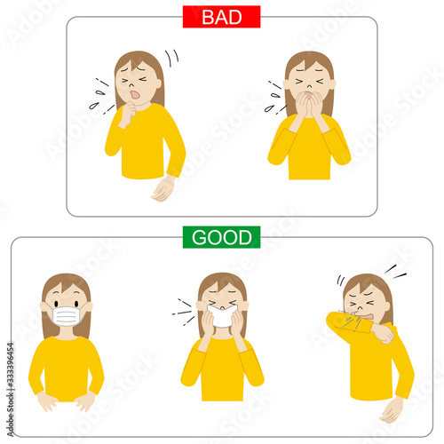 Illustration of how to deal with coughing and sneezing (cough etiquette)
