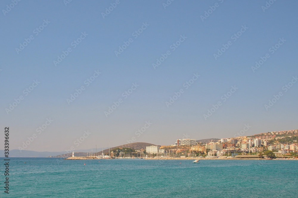 landscape of the port city of the Turkish Kusadasi on a warm summer day