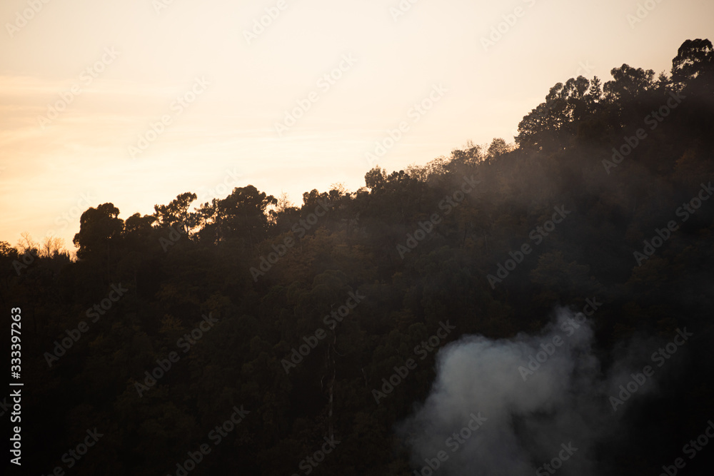 Smoke on background with mountains covered with trees with the setting sun