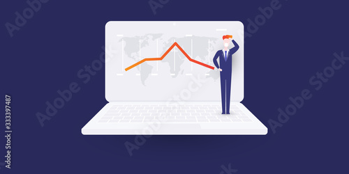 Global Economic Downfall Caused By the Coronavirus - Design Concept with Chart on a Computer Screen with Uncertain Businessman Scratching His Head Thinking About the Best Ways Going Forward