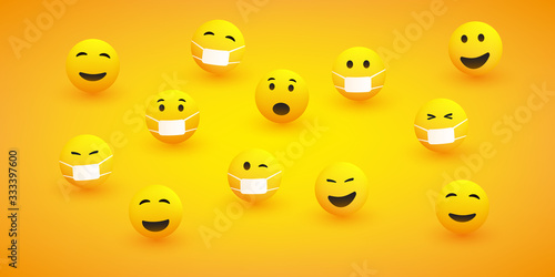 Various Emoticons with Different Facial Expressions and Reactions, with and without Medical Masks - Design Concept of Responsible vs. Easy Going People During the Global Corona Virus Pandemic