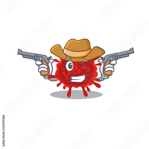 Funny buldecovirus as a cowboy cartoon character holding guns