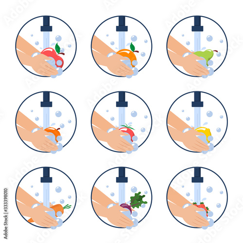 Hand washing food vector isolated. Wash fruits
