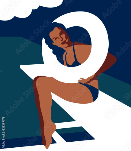 Woman in summer wearing bathing suit bikini on springboard at pool with lifesaver, blue, orange and white flat design retro vintage vector illustration