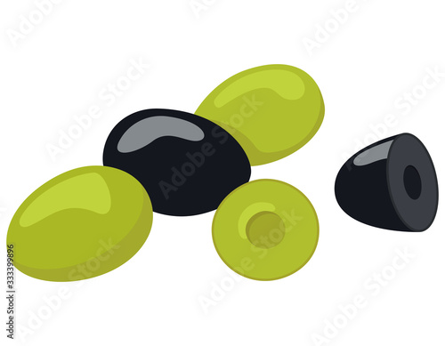 Handful of olives. Black and green olives in cartoon style isolated on white background.