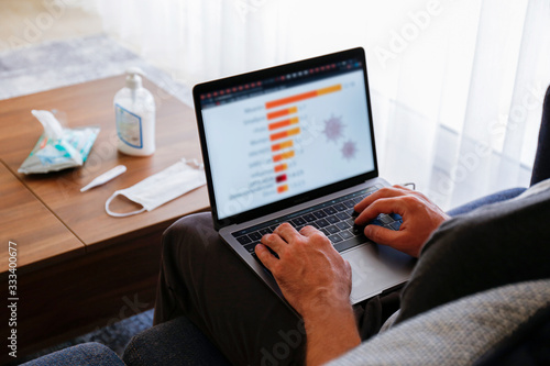 Close up shot of adult man working at home due to coronavirus quarantine concept. Male sitting on couch with laptop, measuring body temperature. Antiseptic gel and wet wipes on background, copy space.