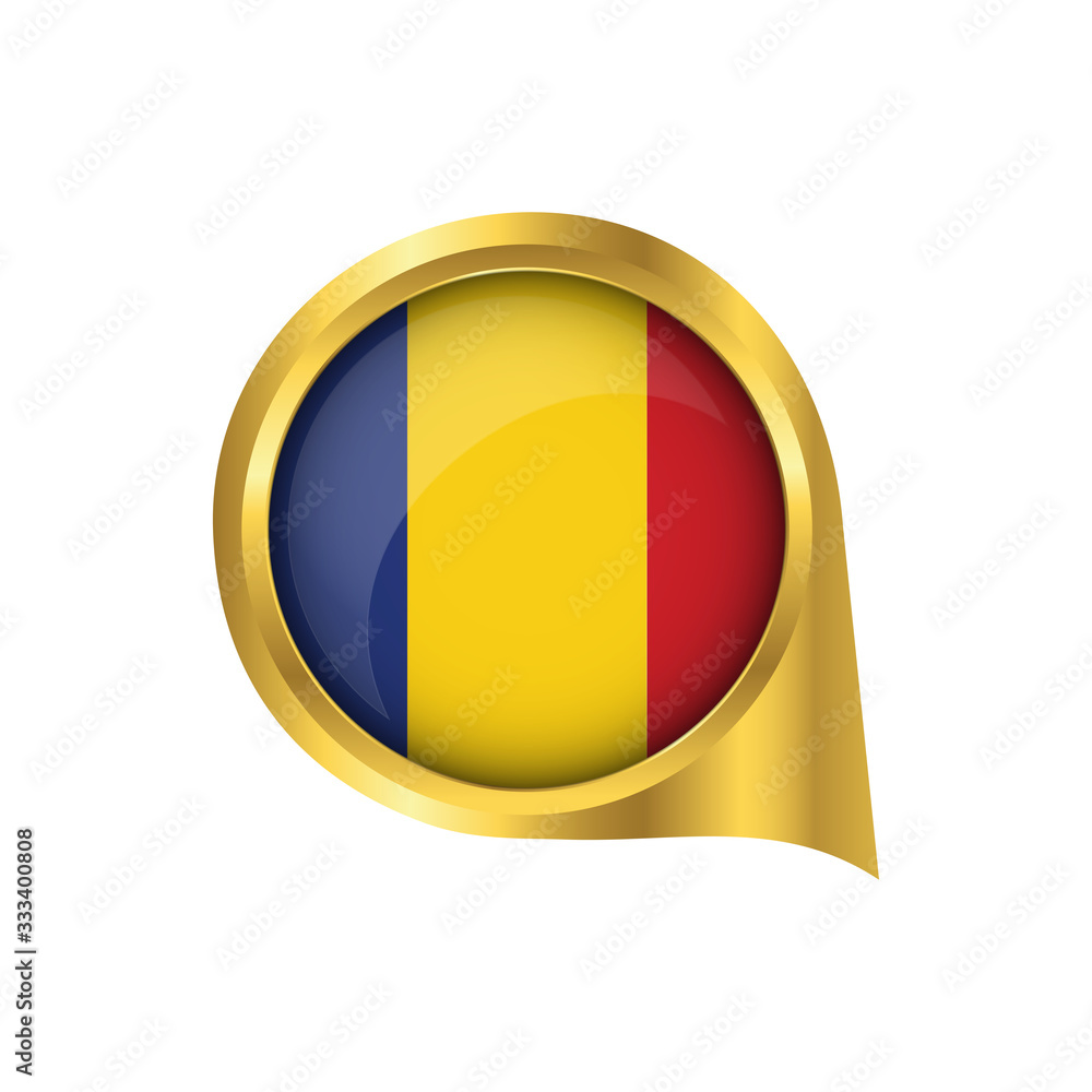Fototapeta premium Flag of Romania, location map pin, pointer flag Romania, button gold, Icon country . Vector Illustration EPS10.