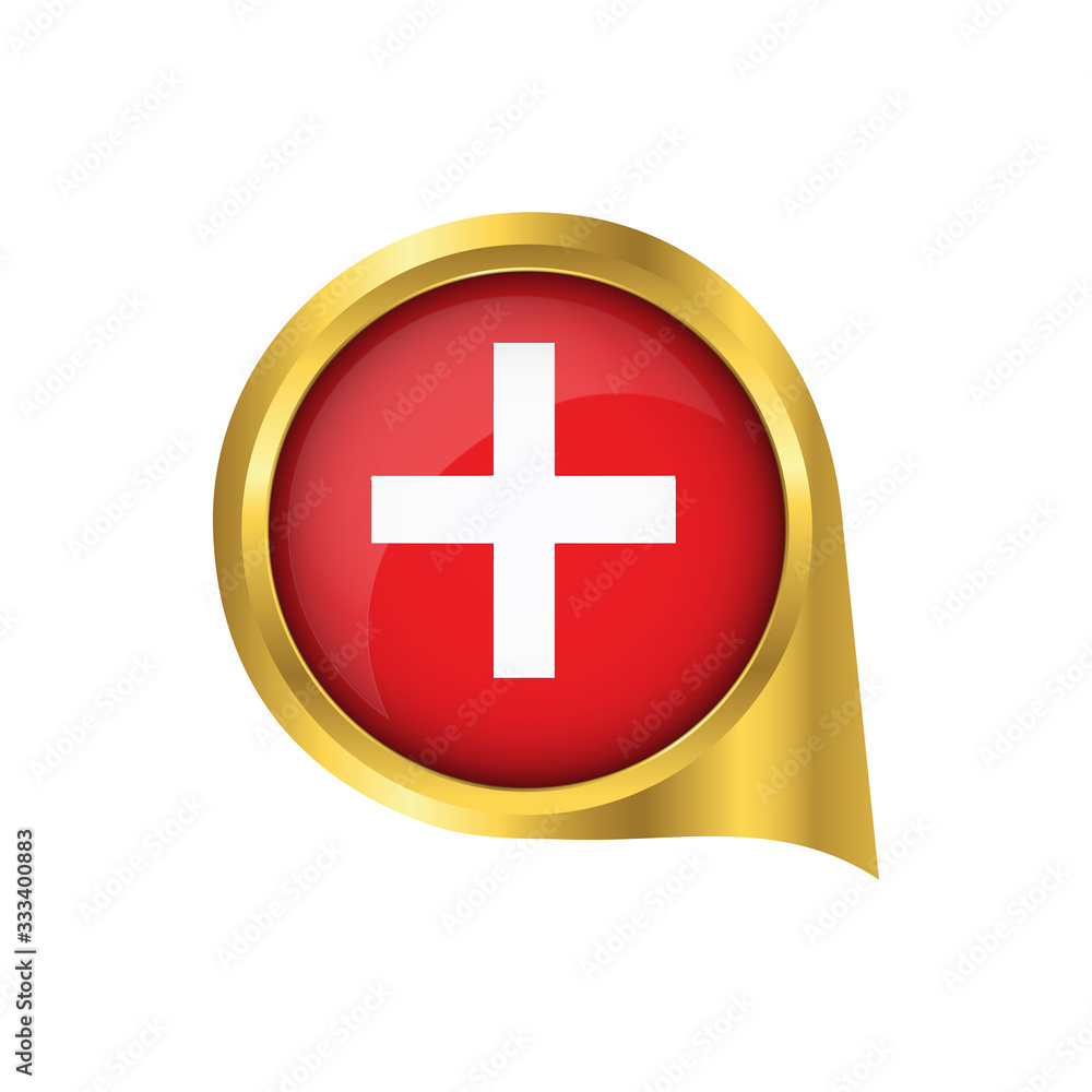 Fototapeta premium Flag of Switzerland, location map pin, pointer flag Switzerland, button gold, Icon country . Vector Illustration EPS10.