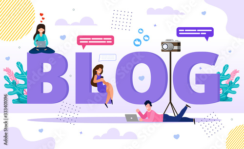 Blog Word Letters with Happy Tiny People Bloggers and Followers Using Smartphone and Laptop for Browsing, Video and Post Content Creation. Online Business E-Commerce and Communication Technology