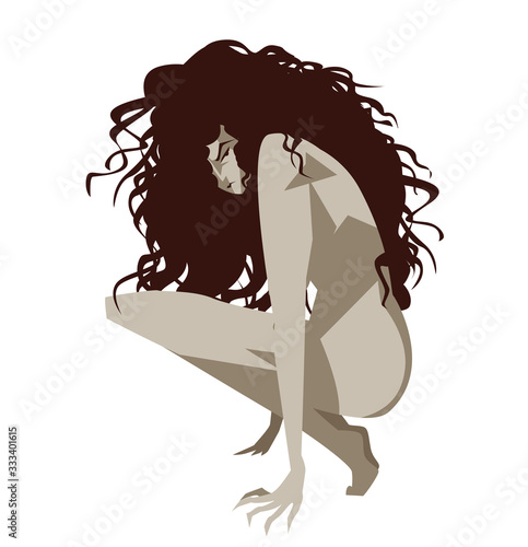 pale woman crawling with messy hair