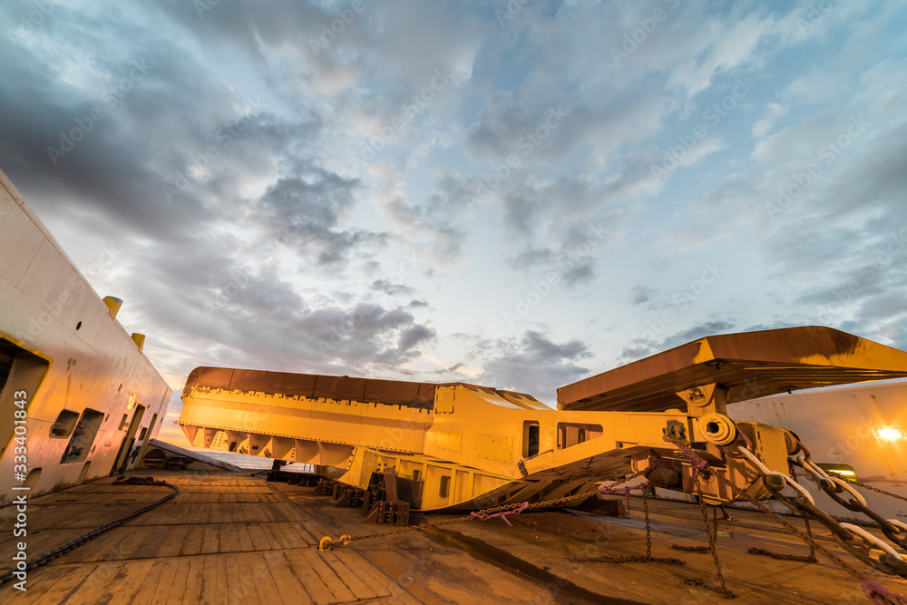 NORTH SEA, UK - 2016 JULY 03, Siem Sapphire deck with 90 ton seabed plough for boulder clearance at seabed for wind farm project.