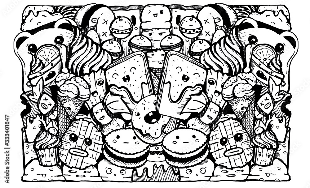Fototapeta premium Cartoon cute doodles hand drawn dessert illustration. Line art detailed, with lots of objects background.