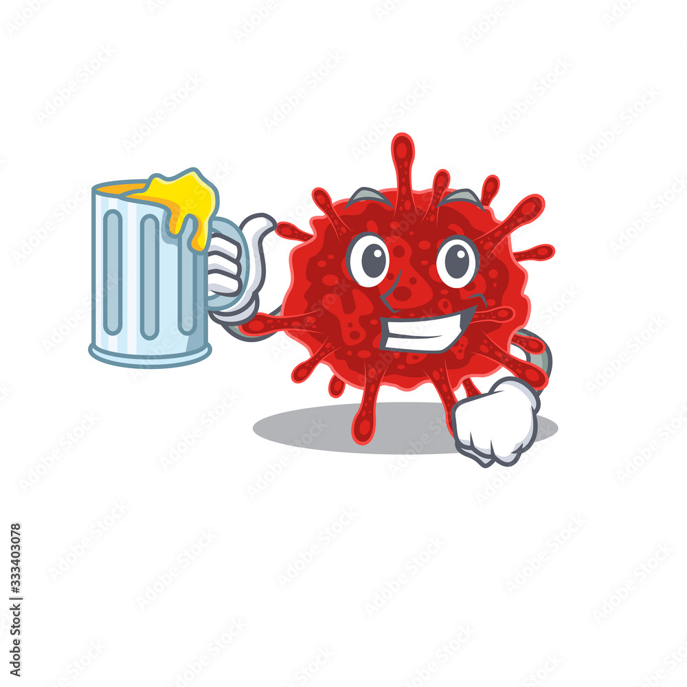 Cheerful buldecovirus mascot design with a glass of beer Cheerful buldecovirus mascot design with a glass of beer
