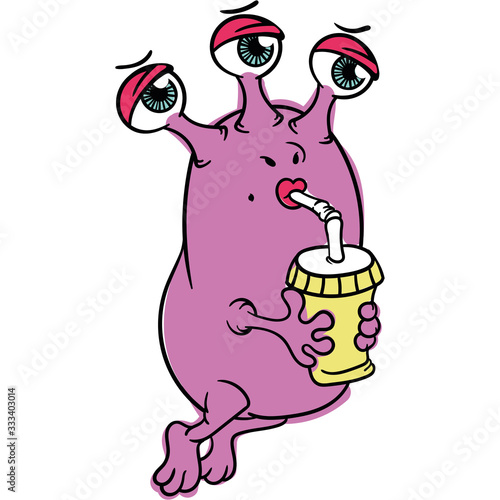 cute Flirty pink three-eyed girl alien with a glass, drinks a drink, isolated on a white background, icon