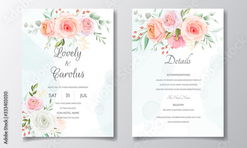 Beautiful wedding invitation card template set with colorful floral frame
