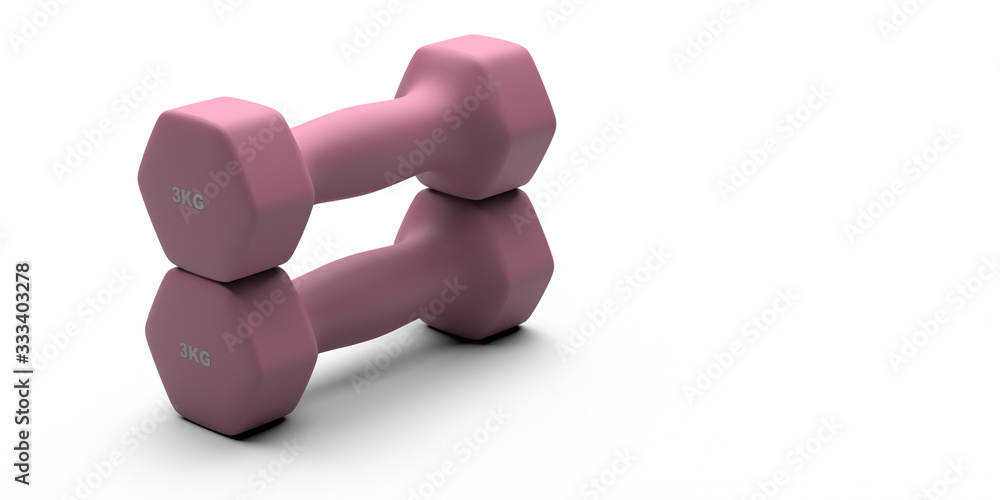 Dumbbells set pink color isolated on white. 3d illustration Dumbbells set pink color isolated on white. 3d illustration