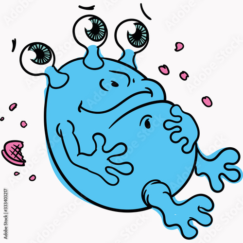 cartoon, cute three-eyed blue alien glutton, isolated on a white background, icon