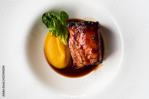 delicious baked pork belly with vegetable puree