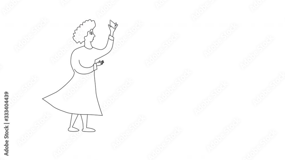 Woman walking with phone navigating, surfing or taking picture. Sketch animation. Copy space. White background. Woman walking with phone navigating, surfing or taking picture. Sketch animation. Copy space. White background.