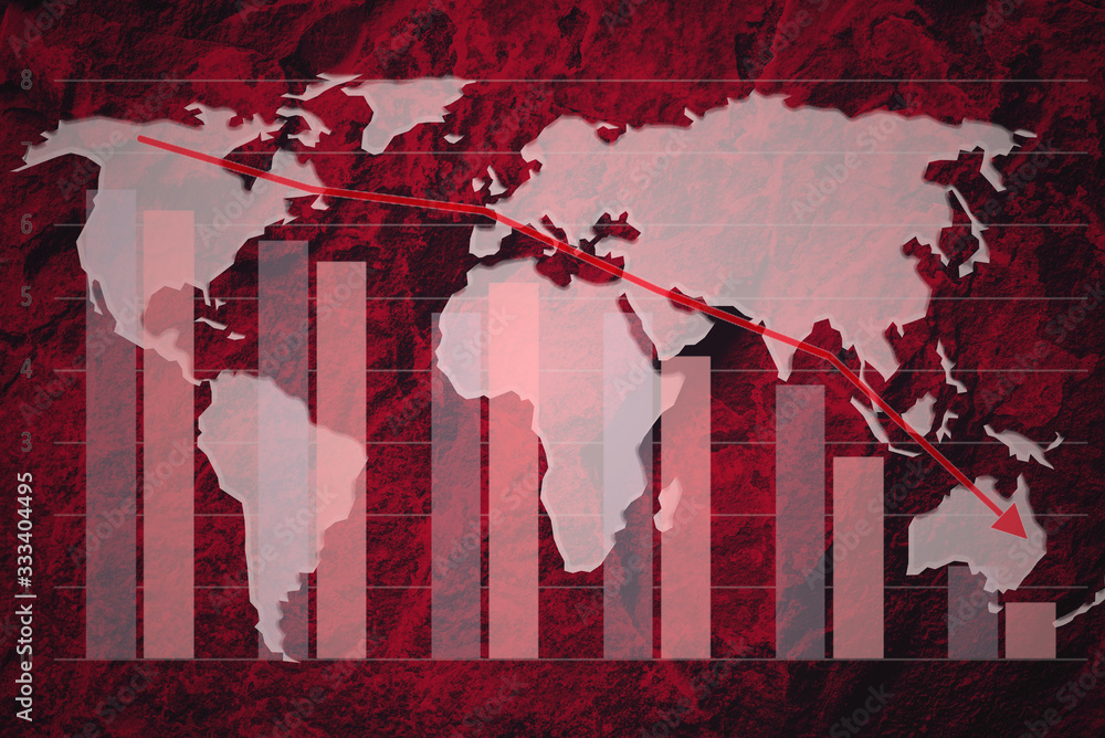 Naklejka premium Composite image of global crisis economy - red toned grunge world map in a data graph and a decline curve