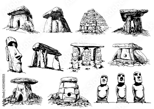 Graphical set of dolmens isolated on white background, vector illustration, religion