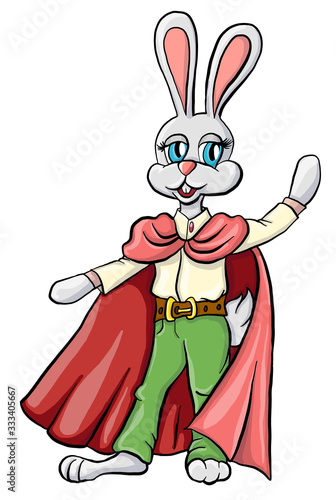 Vecor rabbit. Cartoon character rabbit in clothes. Smiling bunny waving hand