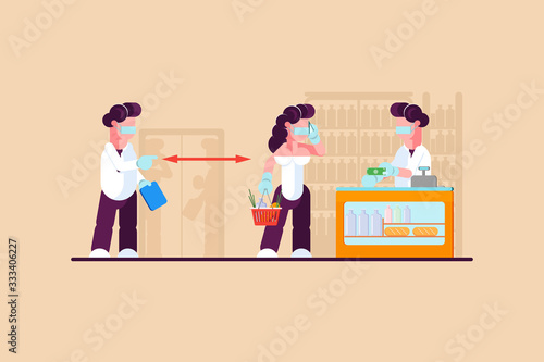 Keep your distance between you. Distance between buyers in the queue. Store caters to a number of people. - Vector