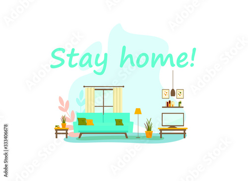 stay home, living room interior with furniture and inscription, vector flat illustration
