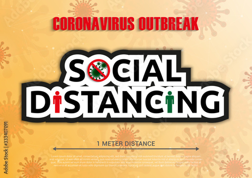 Social Distance 1 meter for prevention of spreading the infection in Covid-19 Outbreak. Vector illustration of 2 people icon with 1 meter distance concept and stop spreading bacteria icon.