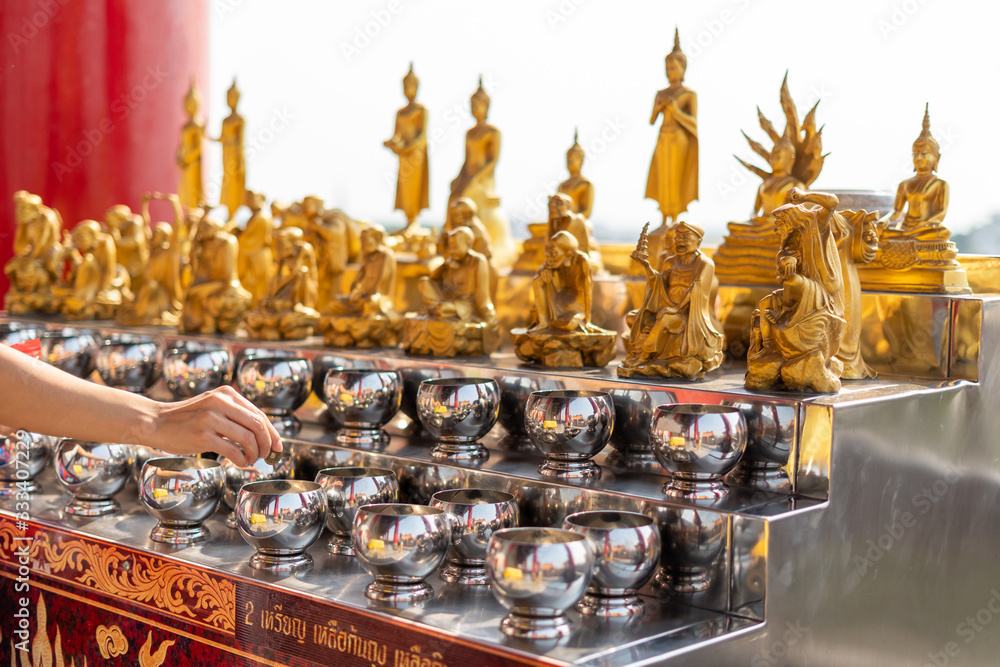 Fototapeta premium Buddha images and sacred objects Inside Leng Nei Yi 2 Temple is worshiped by Buddhists very much. Which is a Mahayana sect temple, located in Nonthaburi Thai