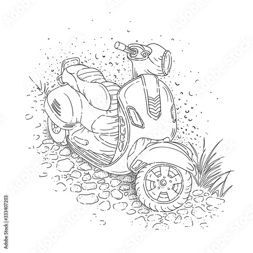 Sketch style outline line vector illustration of motorbike, scooter standing by the wall. Coloring book.