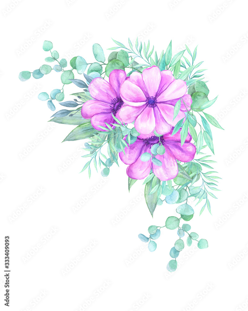 Flower bouquet, watercolor flowers purple, Illustration hand painted. Isolated on white background. Perfectly for greeting card design. Flower bouquet, watercolor flowers purple, Illustration hand painted. Isolated on white background. Perfectly for greeting card design.