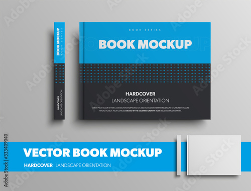 Mockup of vector book with abstract pattern, in blue and black color, for presentation design.