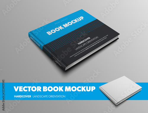 Mockup of a closed book in blue and black with an abstract pattern isolated on a gray background.