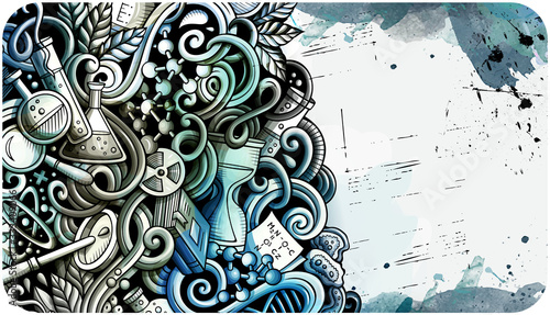 Science hand drawn doodle banner. Cartoon detailed flyer.