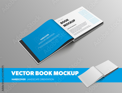 Open realistic book template with abstract pattern, with blue page, hardcover landscape orientation, isolated on gray background.