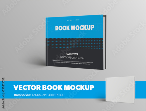 Mockup of a closed vector book standing on its side, in blue and black hardcover, for presentation design.