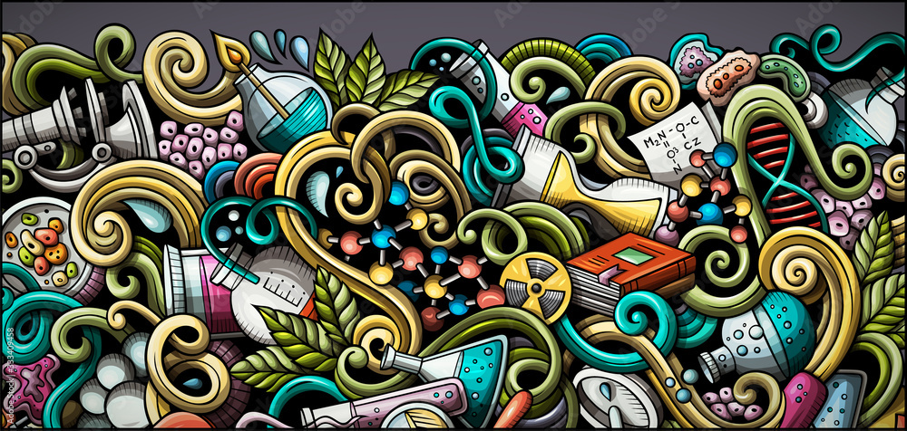 Naklejka premium Science hand drawn doodle banner. Cartoon detailed flyer.