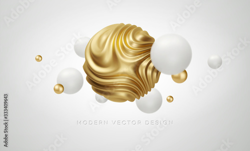 White and Golden metal organic shape 3d sphere background. Trend design for web pages, posters, flyers, booklets, magazine covers, presentations. Vector illustration