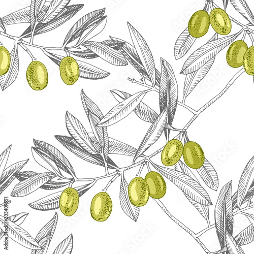 Seamless pattern with green olives and olive branches