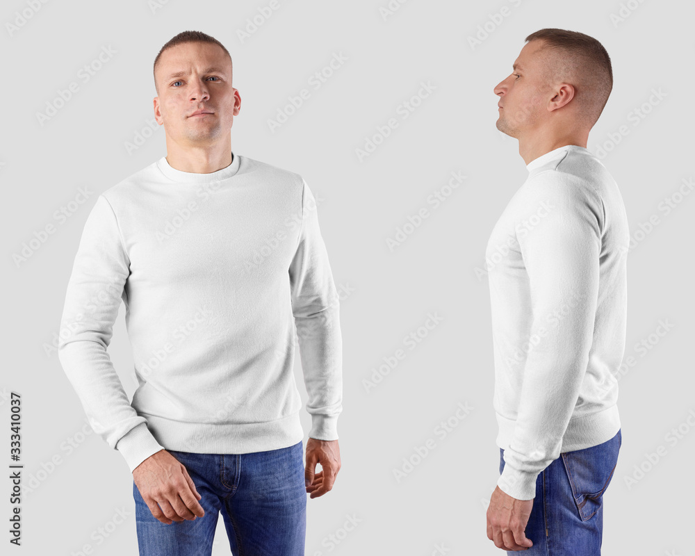 Textile pullover template for a sports man in blue jeans, front and side view, for presentation design. Textile pullover template for a sports man in blue jeans, front and side view, for presentation design.
