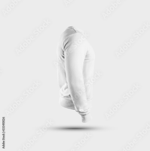 Mockup of a blank white sweatshirt for presentation of design and pattern, side view. 3D rendering. © olegphotor