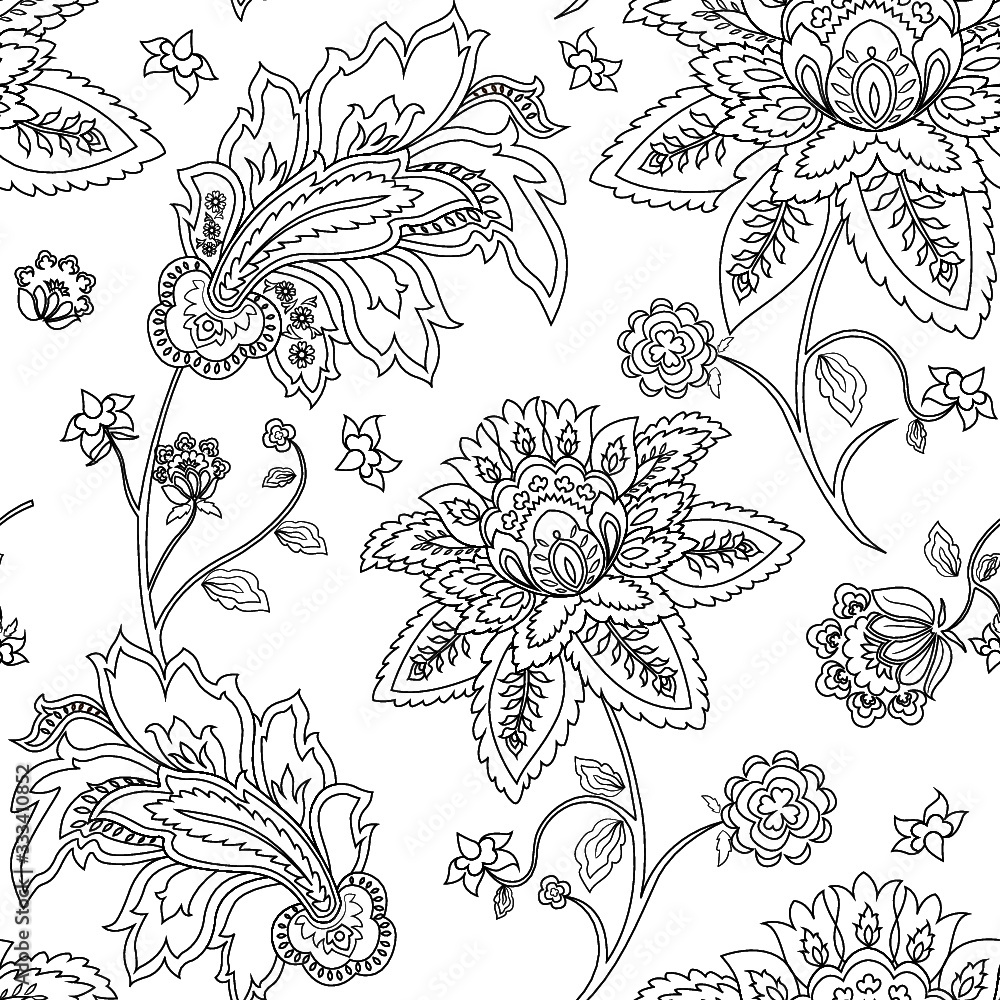hand drawn floral paisely outline vintage ethnic vector floral seamless pattern