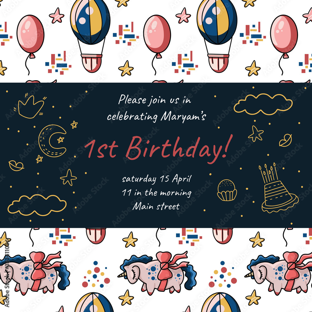 Obraz premium Baby shower invitation. Vector template. Vectorl card with clouds, air balloon, line elements. Gender neutral card style