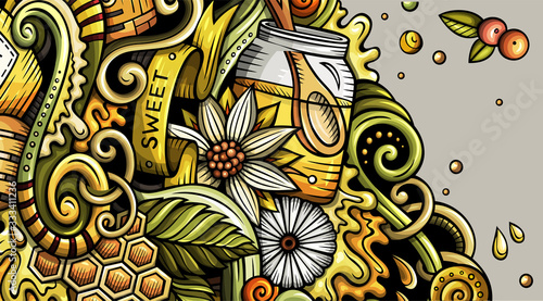 Honey hand drawn doodle banner. Cartoon detailed flyer.