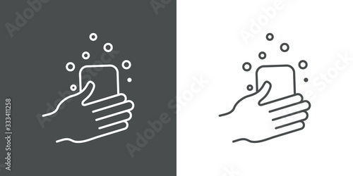 Higiene de manos. Icono plano lineal lavarse las manos en fondo gris y fondo blanco