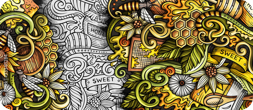 Honey hand drawn doodle banner. Cartoon detailed flyer.