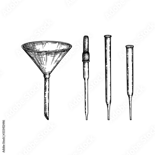 Laboratory equipment sketch. Hand drawn glass pipet and funnel set. Chemical and medicine lab testing equipment. Vector pipette and funnel for science experiments or measuring in engraved style.