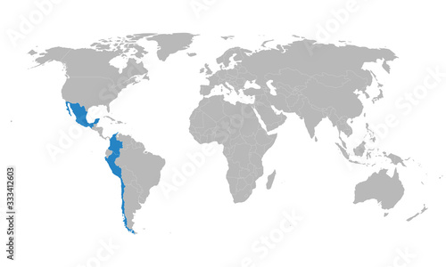 Pacific Alliance countries highlighted on world map. Latin American trade bloc. Business, political, trade and tourism.